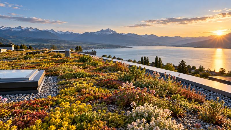 Visualisierung: begrünte Flachdachfläche mit Bergpanorama im Abendlicht