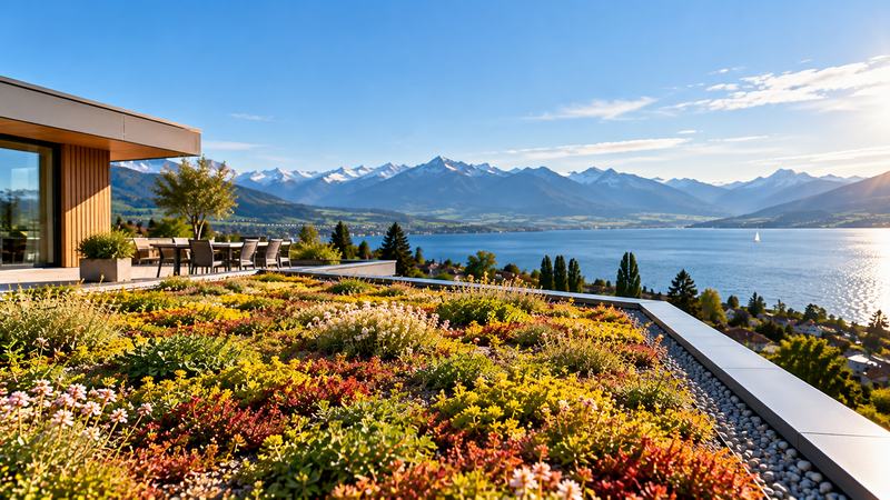 Visualisierung: begrünte Dachterrasse mit Seeblick