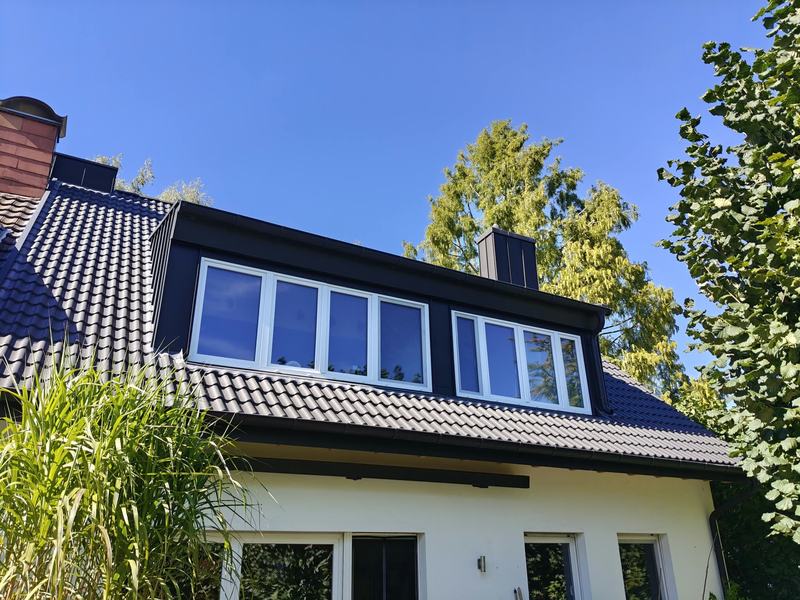 Steildach mit Gauben und Kamin